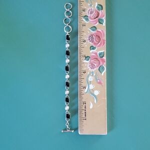 Elegant Black Onyx and Pearl Sterling Silver Bracelet